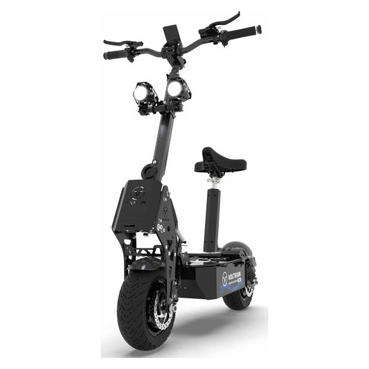 Voltrium Rogue Dual Motor MAX electric scooter with its seat fitted, shown on a white background.