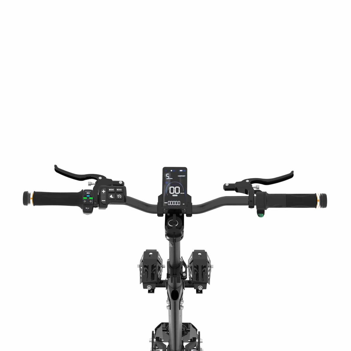 Voltrium Rogue Dual Motor MAX electric scooter handlebars, brake levers and digital display.