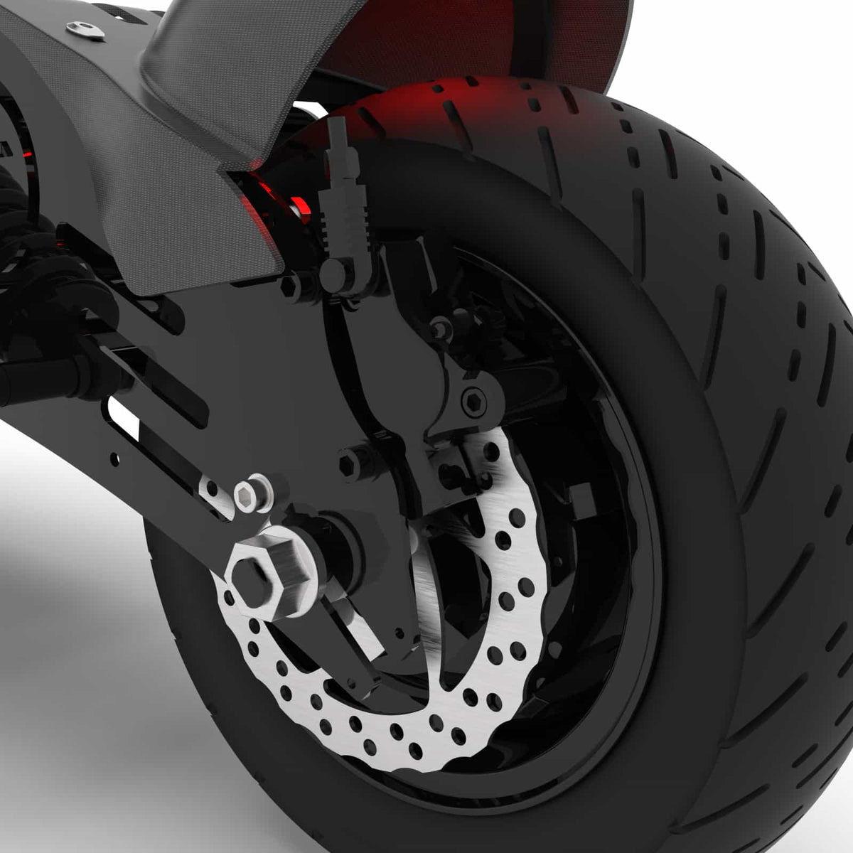 Voltrium Rogue Dual Motor MAX electric scooter rear disc brake, wheel and mudguard.