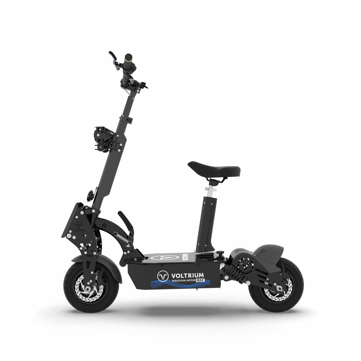 Voltrium Rogue Dual Motor MAX electric scooter side profile with its seat and wide tyres.
