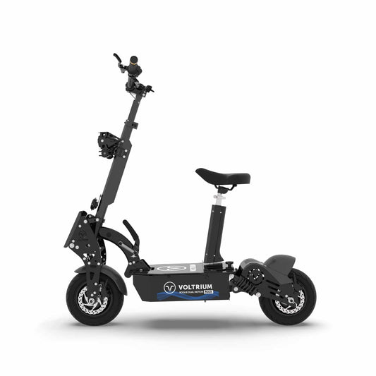 Voltrium Rogue Dual Motor MAX electric scooter side profile with its seat and wide tyres.